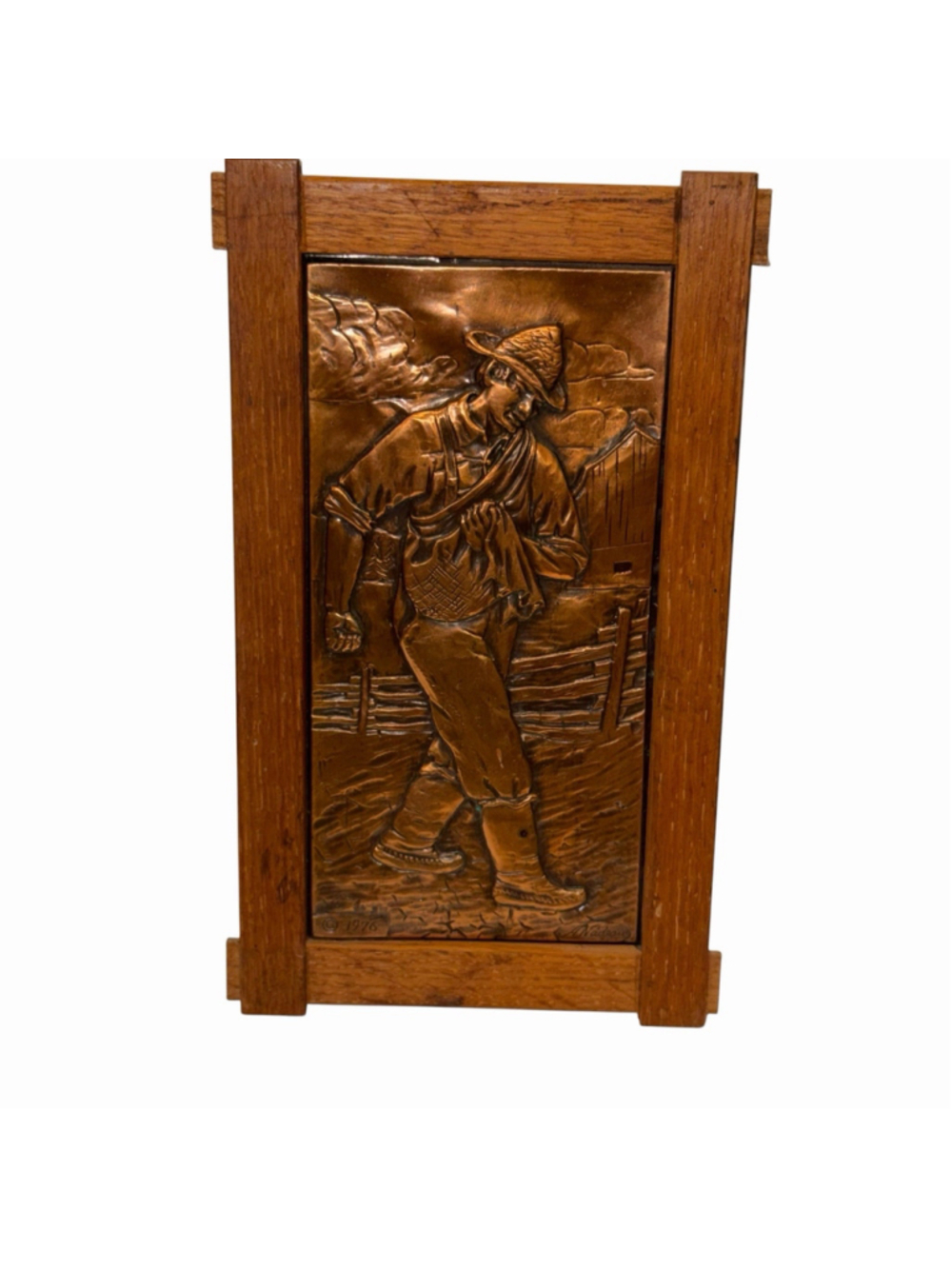 VTG 1976 Copper Wall Plaque Farmer Wood Frame Signed A Nadeau Rustic Farm Art